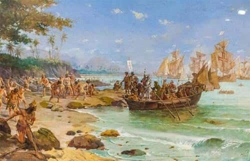 caravela chegando na praia, indios nativos