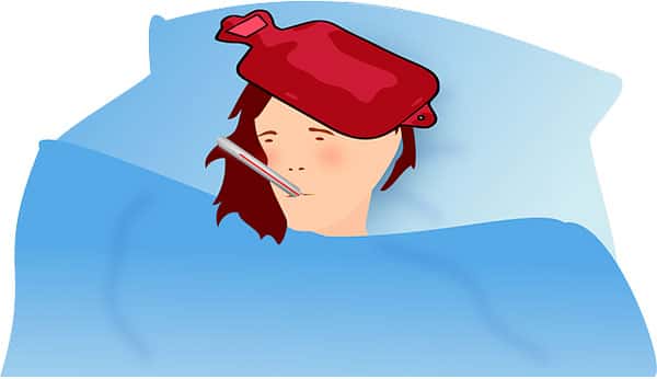 Ilustração, pessoa gripada com febre de cama
